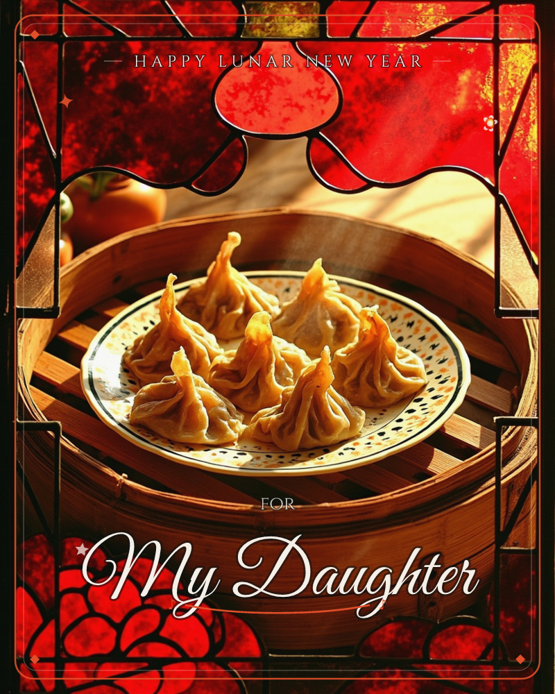A plate of golden pleated dumplings sits inside a bamboo steamer basket, framed by a red stained-glass lattice patterned with lotus flowers, a lunar new year e-card design