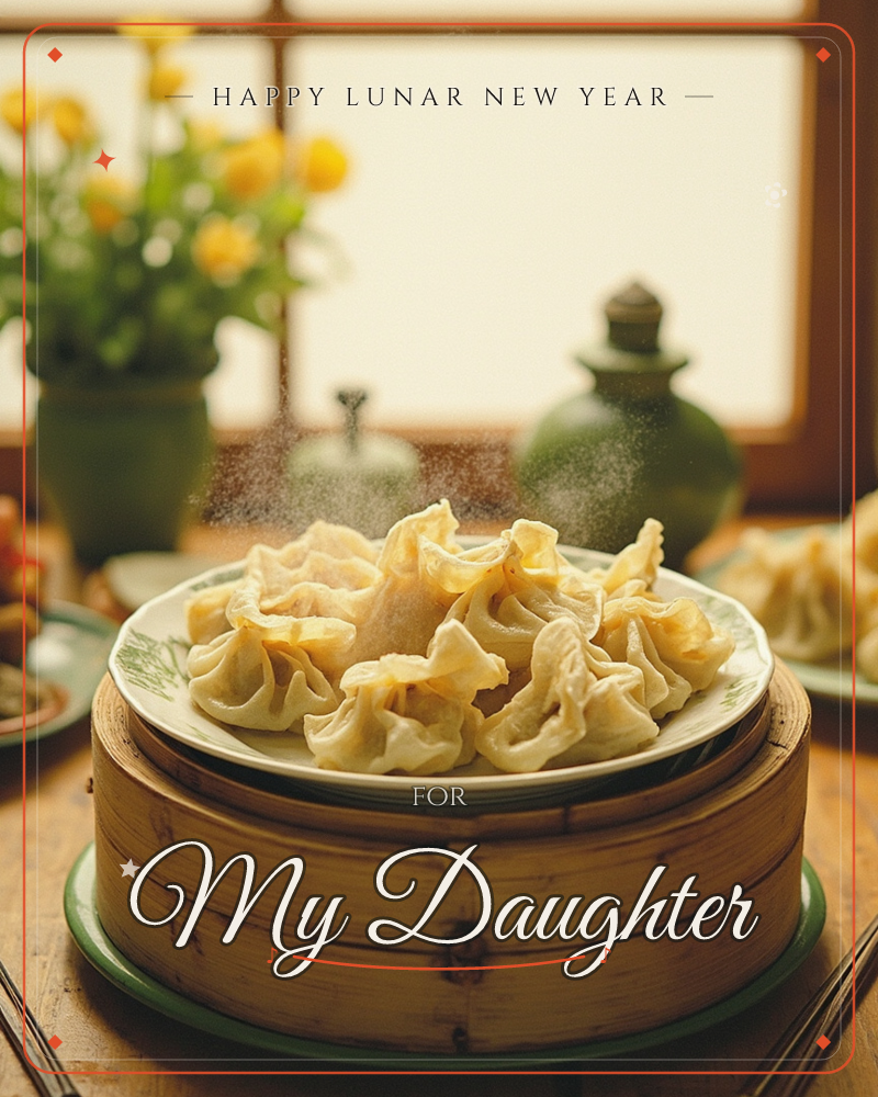 A plate of delicately pleated dumplings sits atop a bamboo steamer basket, steam still drifting from their golden folds, a lunar new year e-card design