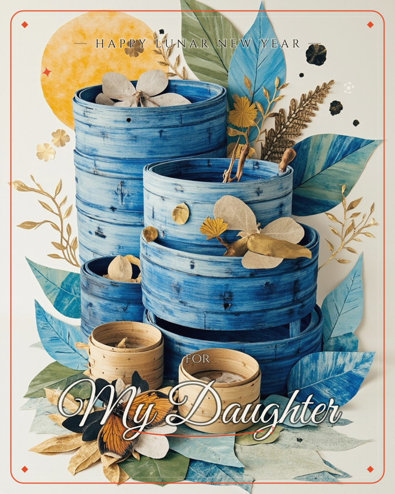 A collage-style still life shows stacked bamboo steamer baskets, some dyed a deep indigo blue and others left natural, clustered together like a small…, a lunar new year e-card design