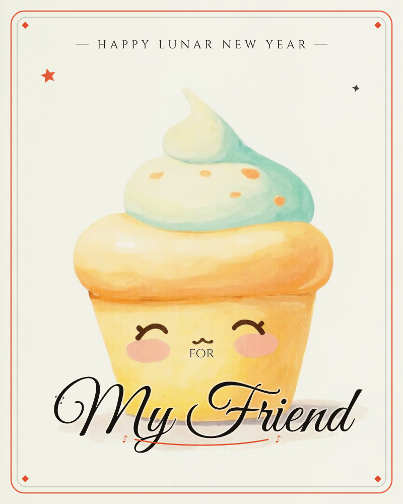 A single cupcake sits centre stage on a plain cream background, its golden sponge topped with a swirl of mint-green frosting dotted with orange sprinkles, a lunar new year e-card design