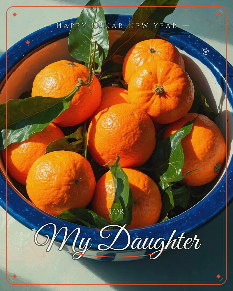 A blue speckled enamel bowl is piled high with fresh oranges, their glossy skins catching bright sunlight, still bearing a few dark green leaves and stems, a lunar new year e-card design