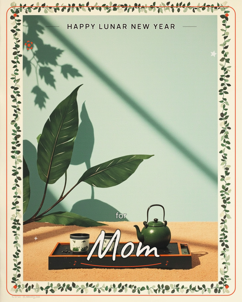 A green ceramic teapot and two small painted cups sit on a black lacquer tray on a sandy tabletop, with broad leafy stems casting long shadows across a…, a lunar new year e-card design