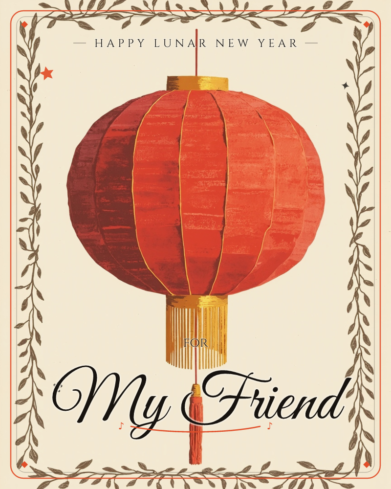 A single red paper lantern glows at the centre of the card, its ribbed sides painted in textured strokes of scarlet and deep maroon, gathered at top…, a lunar new year e-card design