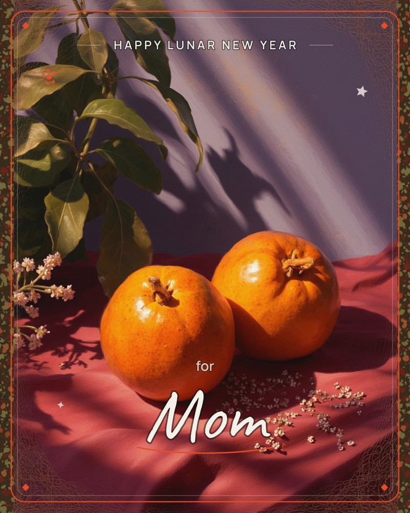 Two glossy oranges rest on a deep pink draped cloth beside a leafy branch and scattered tiny white blossoms, all lit by a sharp diagonal shaft of…, a lunar new year e-card design