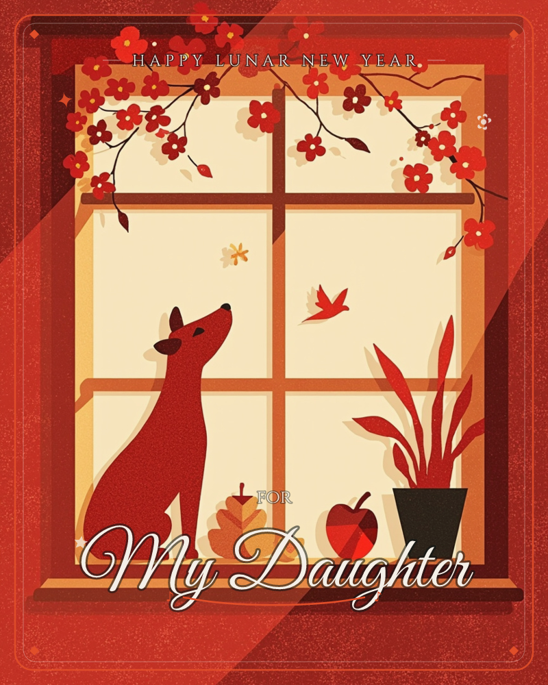 A stylised red-toned window frame is draped with a branch of small red blossoms, while inside a dog sits on the sill gazing up at a bird and a passing…, a lunar new year e-card design