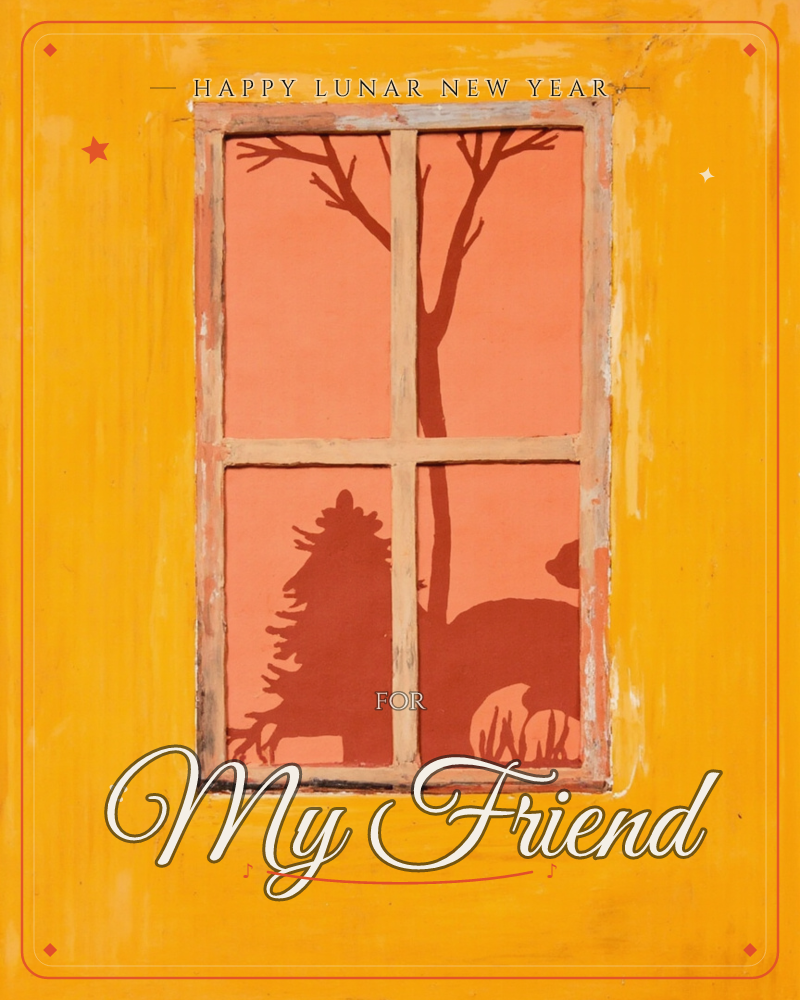 A weathered wooden window frame is set into a thickly painted mustard-yellow wall, its panes glowing warm coral-orange like dusk light, a lunar new year e-card design