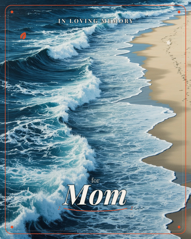 An aerial view looks straight down on a curling shoreline, where deep teal waves roll in and break into white foam against pale sand, a memory e-card design