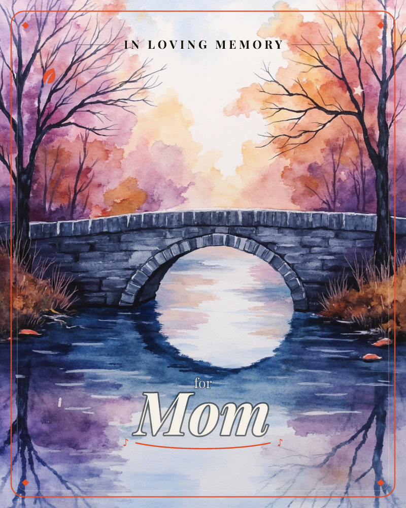 A stone arch bridge spans a still river beneath an autumn sky of glowing amber and violet clouds, its curve reflected below to form a perfect circle of…, a memory e-card design