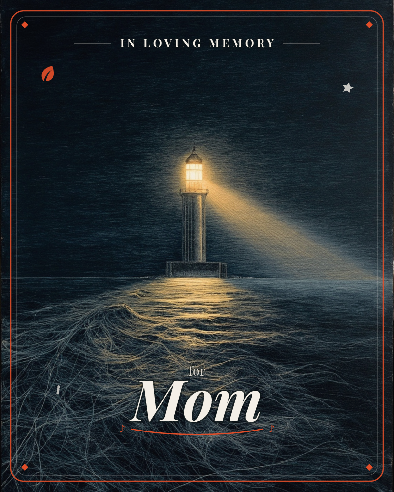 A lone lighthouse stands on a small stone base in a vast dark sea, its lamp glowing amber and casting a wide beam across the churning water, a memory e-card design