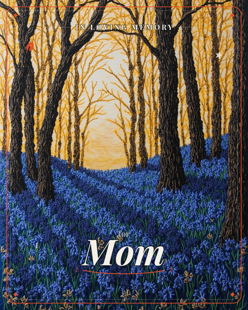A woodland floor is carpeted with deep blue bluebells beneath tall, dark tree trunks that rise like a colonnade, a memory e-card design