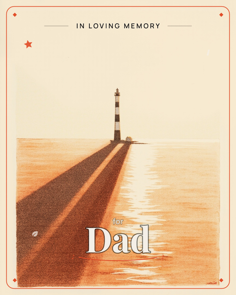 A striped lighthouse stands at the end of a narrow stone jetty, casting a long dark shadow across the sand toward the viewer, a memory e-card design