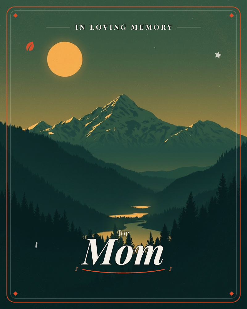 A glowing amber moon hangs over a snow-capped mountain range, its light tracing a winding river through dark, layered pine forests below, a memory e-card design