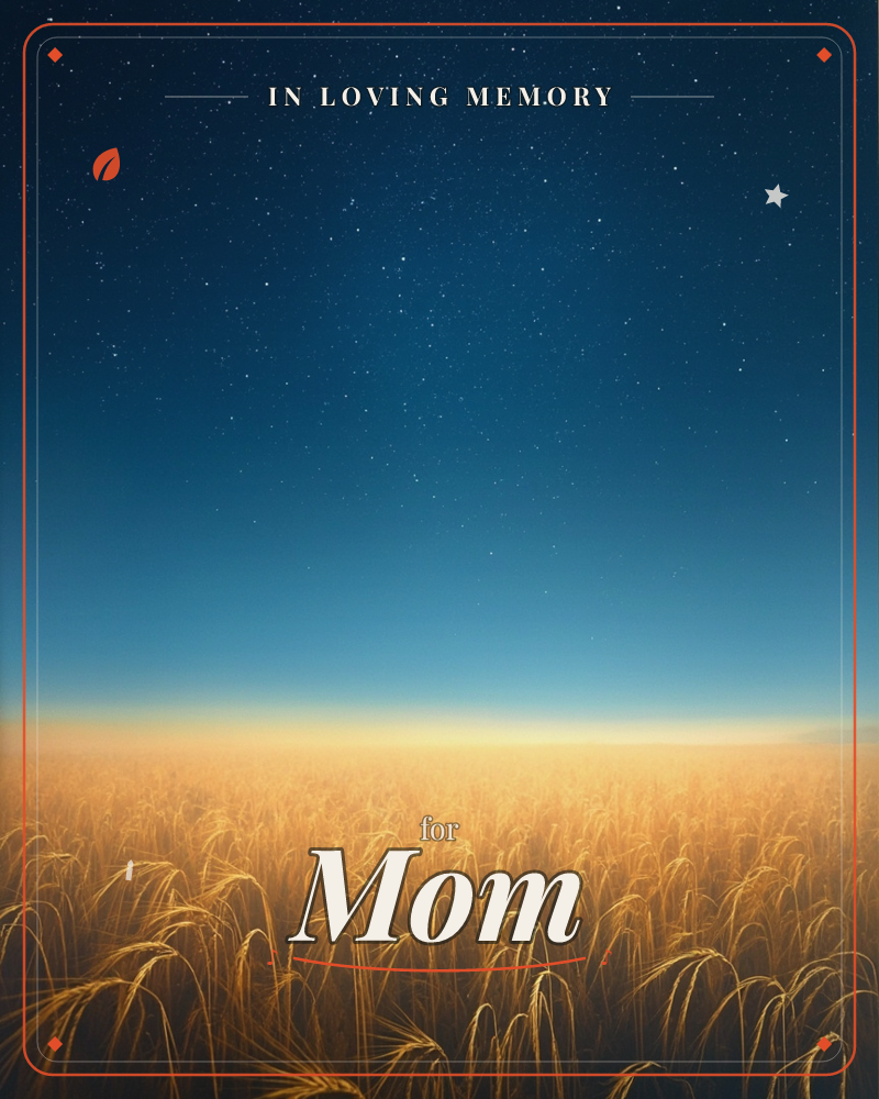 A wide field of ripened wheat stretches to the horizon under a night sky thick with stars, the grain still catching a warm amber glow from somewhere…, a memory e-card design