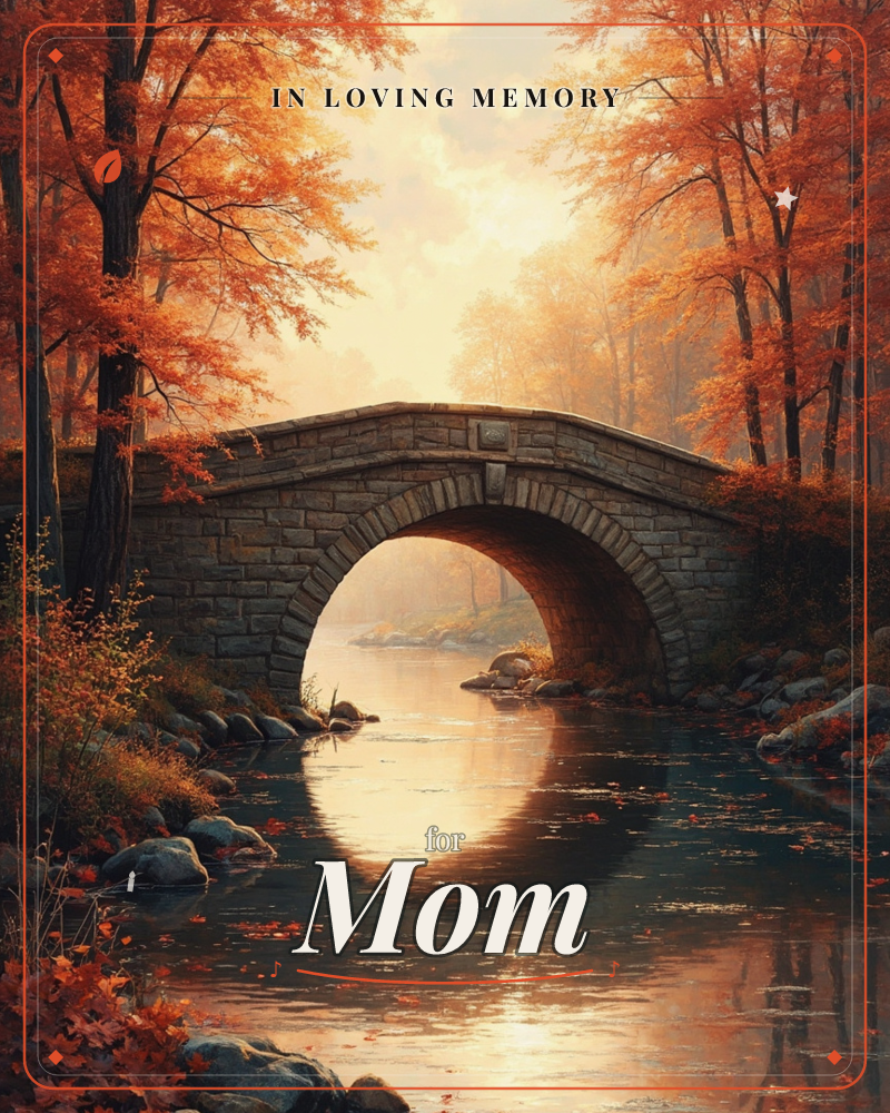 An old stone arch bridge spans a still river deep in an autumn forest, its reflection forming a perfect circle on the water below, a memory e-card design