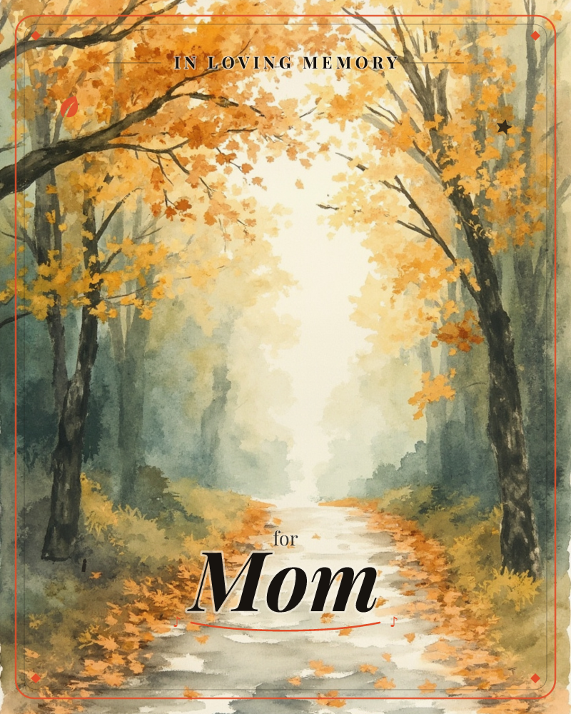 A quiet path curves away through a canopy of autumn trees, their branches arching overhead in gold and burnt-orange leaves, a memory e-card design