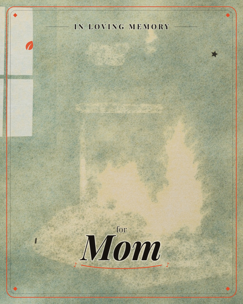 A hazy, muted illustration shows a fireplace with pale flames flickering beside a paned window, the whole image softened into a misty green-grey wash, a memory e-card design