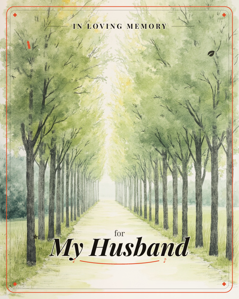 A pale path stretches straight ahead through two long rows of slender trees, their green canopies meeting overhead to form a soft, glowing archway, a memory e-card design