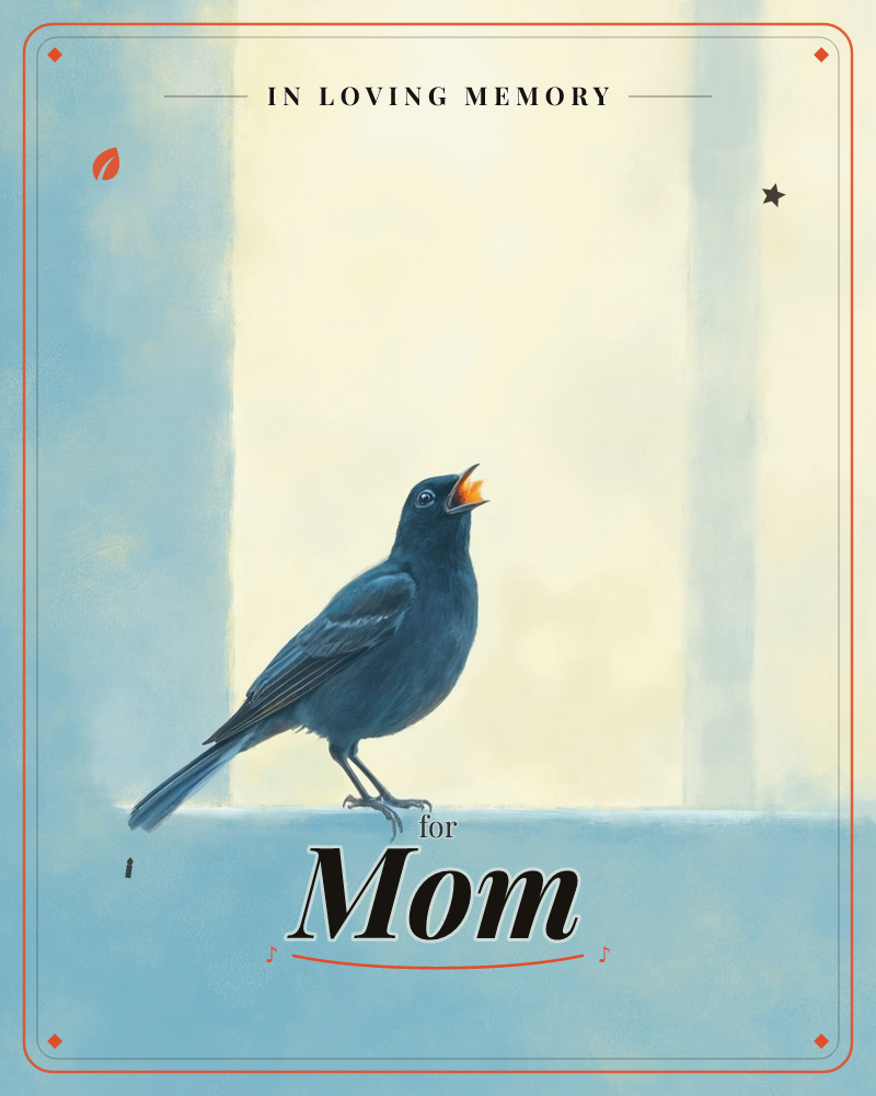 A blackbird stands on a pale windowsill, head tipped back and beak open mid-song, set against soft blue-and-cream panels of light, a memory e-card design