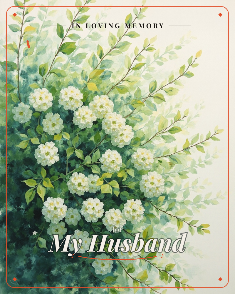 A cluster of small white blossoms spills down the left side of the page, set against layers of deep and pale green foliage that fade into a soft cream…, a memory e-card design