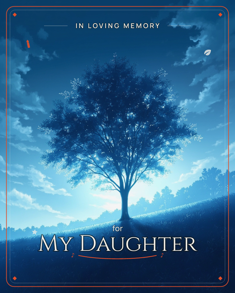 A lone tree stands atop a grassy hill, its full canopy silhouetted against a glowing blue night sky streaked with clouds, a memory e-card design