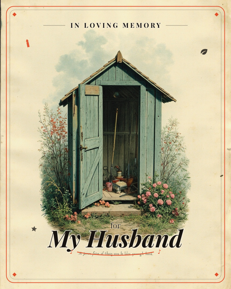 A weathered blue-painted garden shed stands open, revealing a rake, watering can, pots and tools tucked inside its dim interior, a memory e-card design