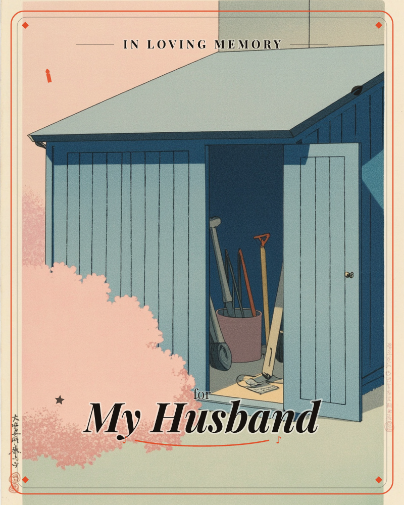 A pale blue garden shed stands with its door left ajar, revealing a bundle of tools leaning inside, a spade, fork, and watering can catching the shadow, a memory e-card design
