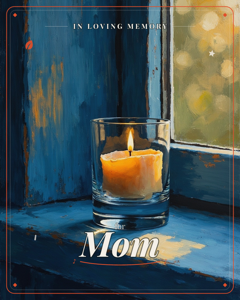 A single candle burns in a glass holder set on a weathered blue windowsill, its flame throwing a warm glow against the peeling paintwork, a memory e-card design