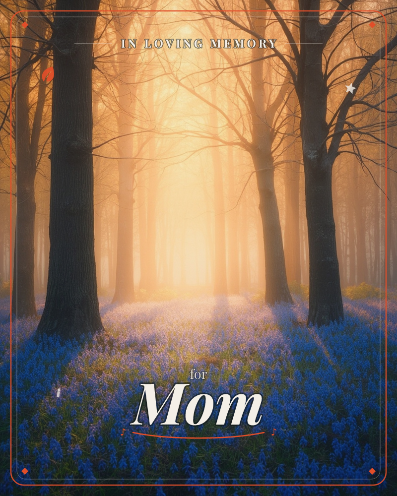 A misty woodland glows with amber morning light filtering through bare tree trunks, illuminating a carpet of bluebells spread across the forest floor, a memory e-card design