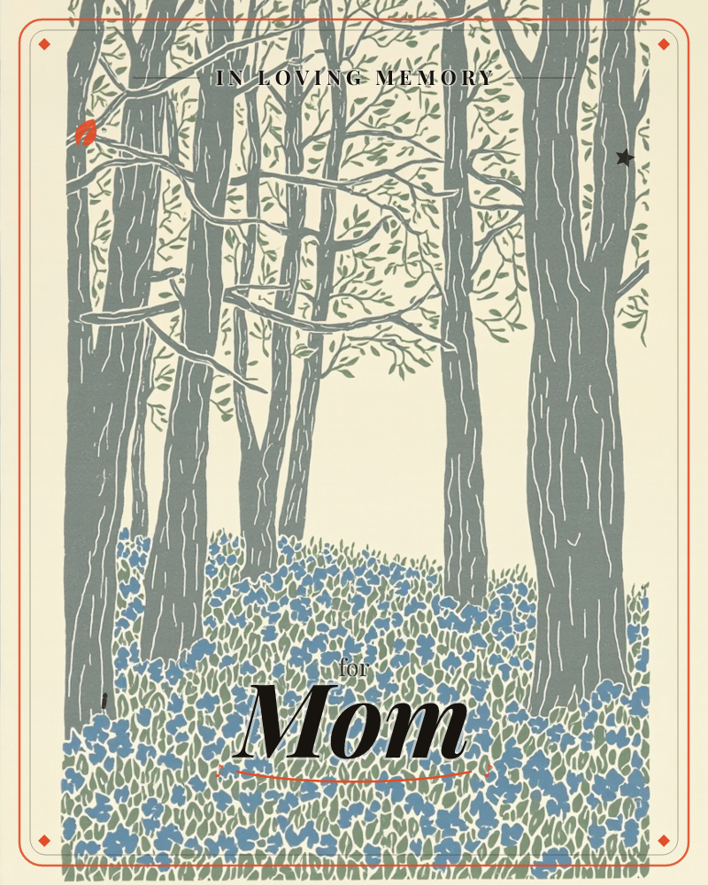 A stand of tall, slender tree trunks rises against a pale cream sky, their thin branches lightly dotted with olive-green leaves, a memory e-card design