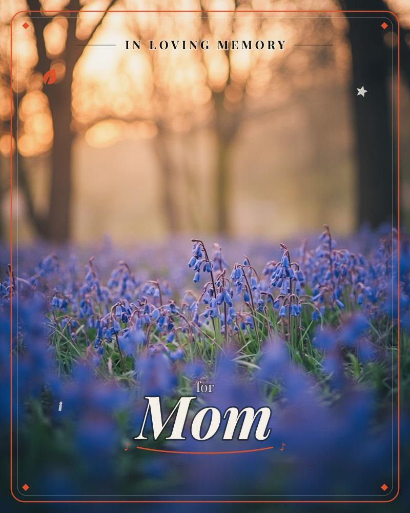 A woodland floor carpeted in bluebells stretches toward a row of bare tree trunks silhouetted against a soft golden sunset, a memory e-card design