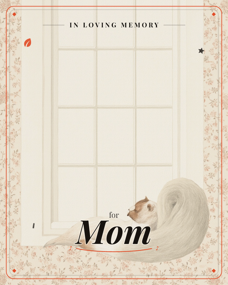 A pale squirrel with a great plume of a tail curls up asleep on a windowsill, framed by a paned window and walls covered in a faded rose-print wallpaper, a memory e-card design