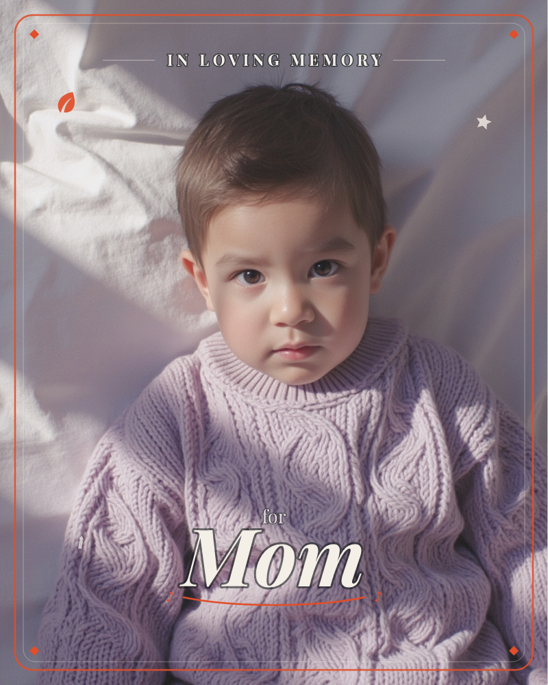 A close-up photographic portrait shows a young child in a chunky lilac cable-knit sweater, sitting against a softly draped white fabric backdrop, a memory e-card design
