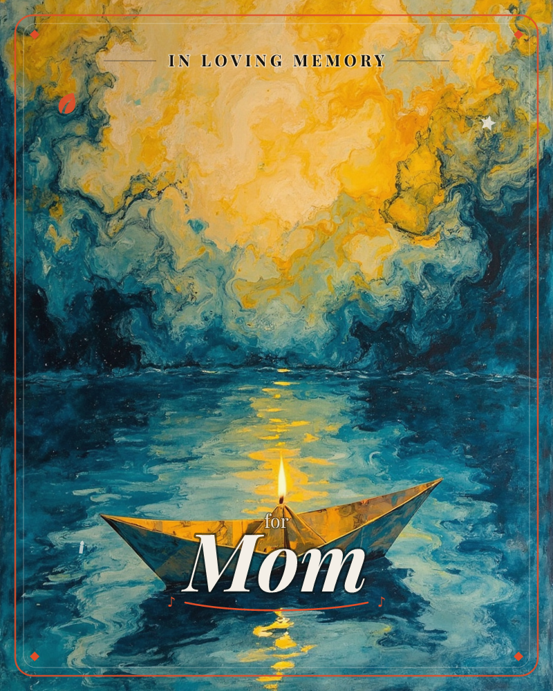 A small paper boat carries a single lit candle across a swirling teal sea, its golden flame reflected in a bright ribbon on the water, a memory e-card design