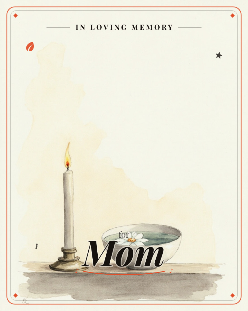 A single lit candle stands in a plain holder beside a shallow bowl holding one white daisy floating in water, set on a bare wooden ledge, a memory e-card design