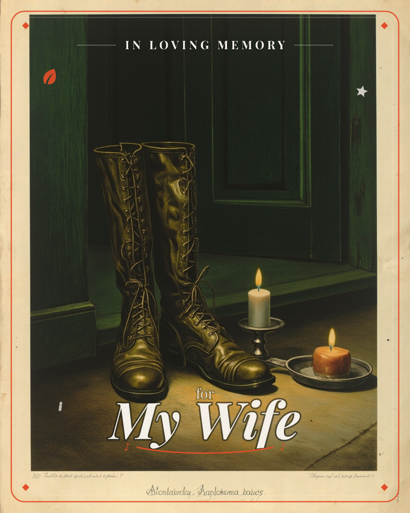 A pair of tall, well-worn leather lace-up boots stands beside a darkened doorway, lit only by two candles flickering on small dishes nearby, a memory e-card design