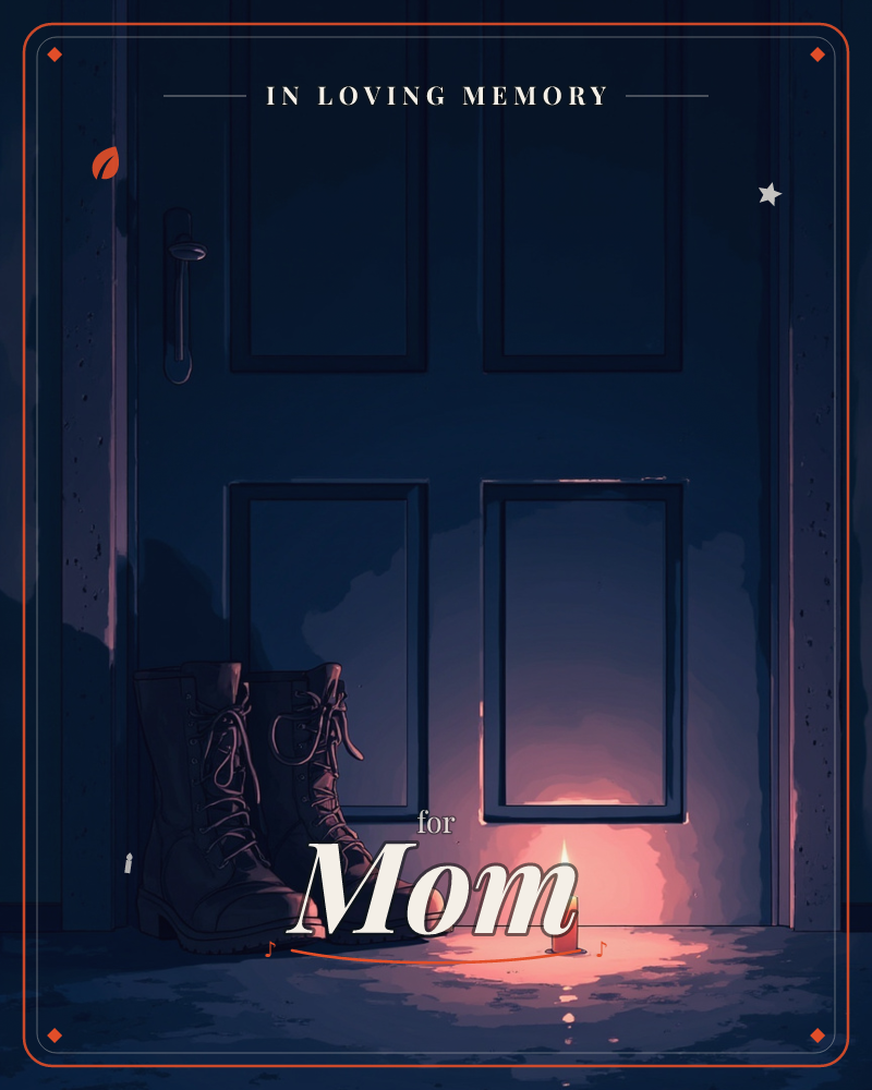 A panelled front door sits deep in nighttime shadow, its handle catching a faint gleam of light, a memory e-card design