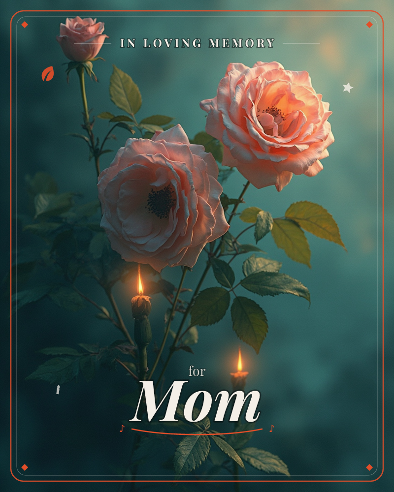 Two full-blown pink roses and a budding third rise from dark, dewy foliage against a moody teal backdrop, a memory e-card design