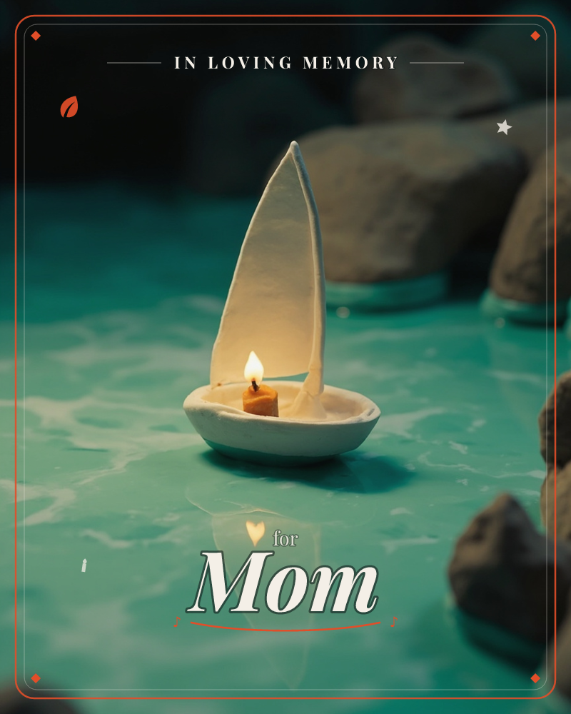 A tiny handmade sailboat, its hull carved like a shell and its sail a curved sliver of pale wax or shell, floats on turquoise water with a small candle…, a memory e-card design