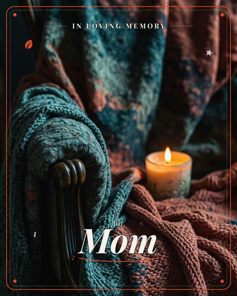 A lit candle glows beside a heap of knitted throws and a heavy, weathered curtain draped over a chair's carved arm, a memory e-card design