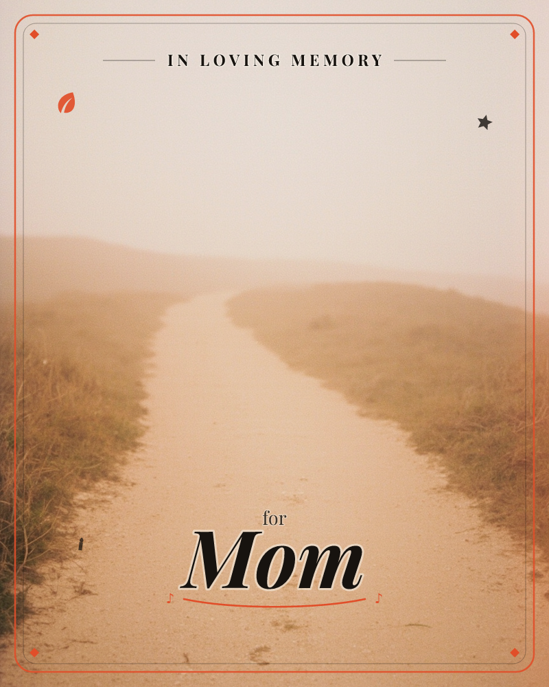 A sandy path curves gently through low grassy dunes before dissolving into thick fog and pale sky, a memory e-card design