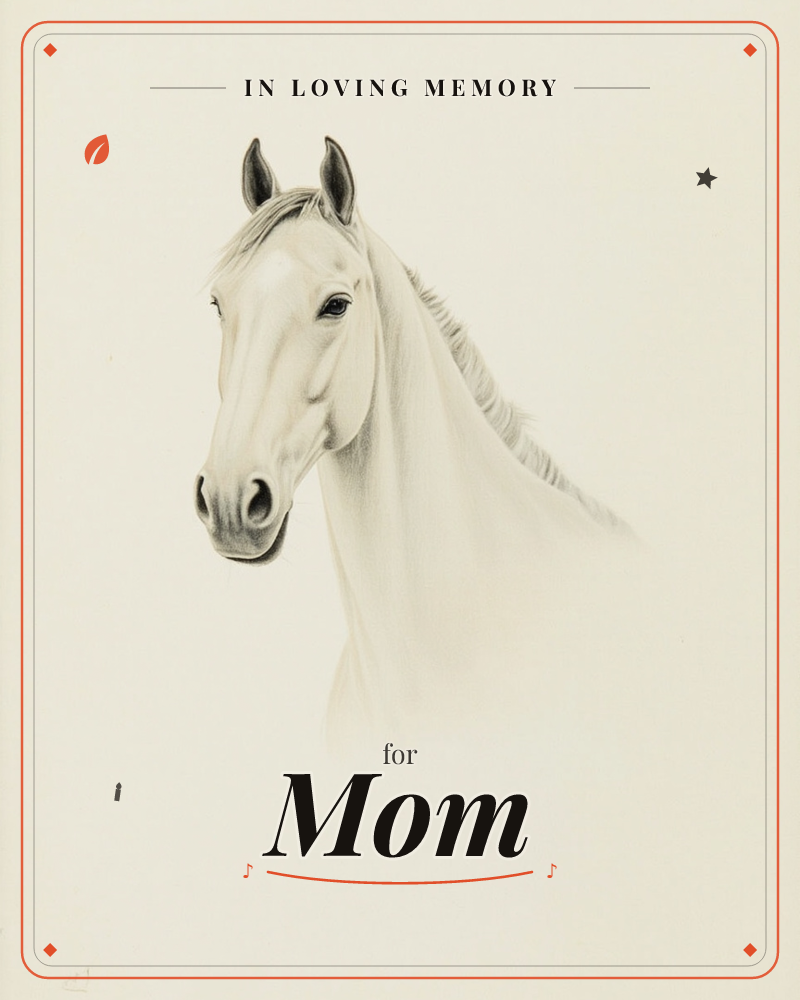 A finely rendered white horse's head and neck emerge from a soft, empty cream background, its mane trailing off into a gentle mist of shading, a memory e-card design