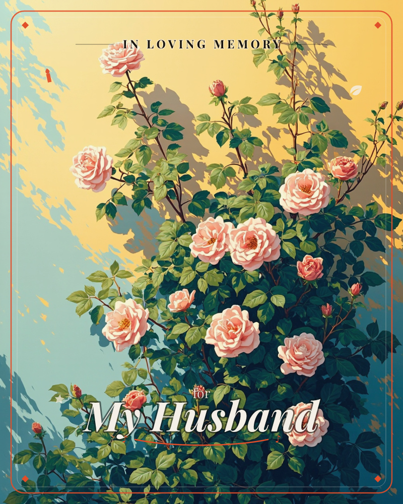 A climbing rose bush spills across the card in full bloom, pale pink blossoms and tight buds set against dark glossy leaves, a memory e-card design