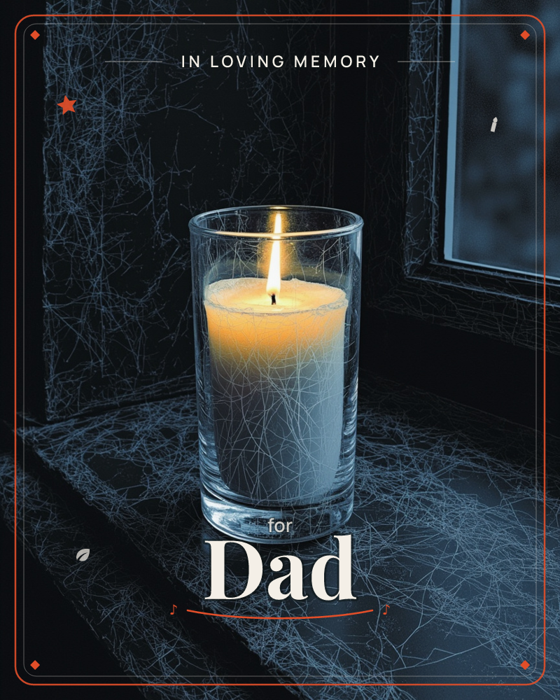 A single candle burns in a glass holder on a dark windowsill, its flame the only warm light in the frame, a memory e-card design