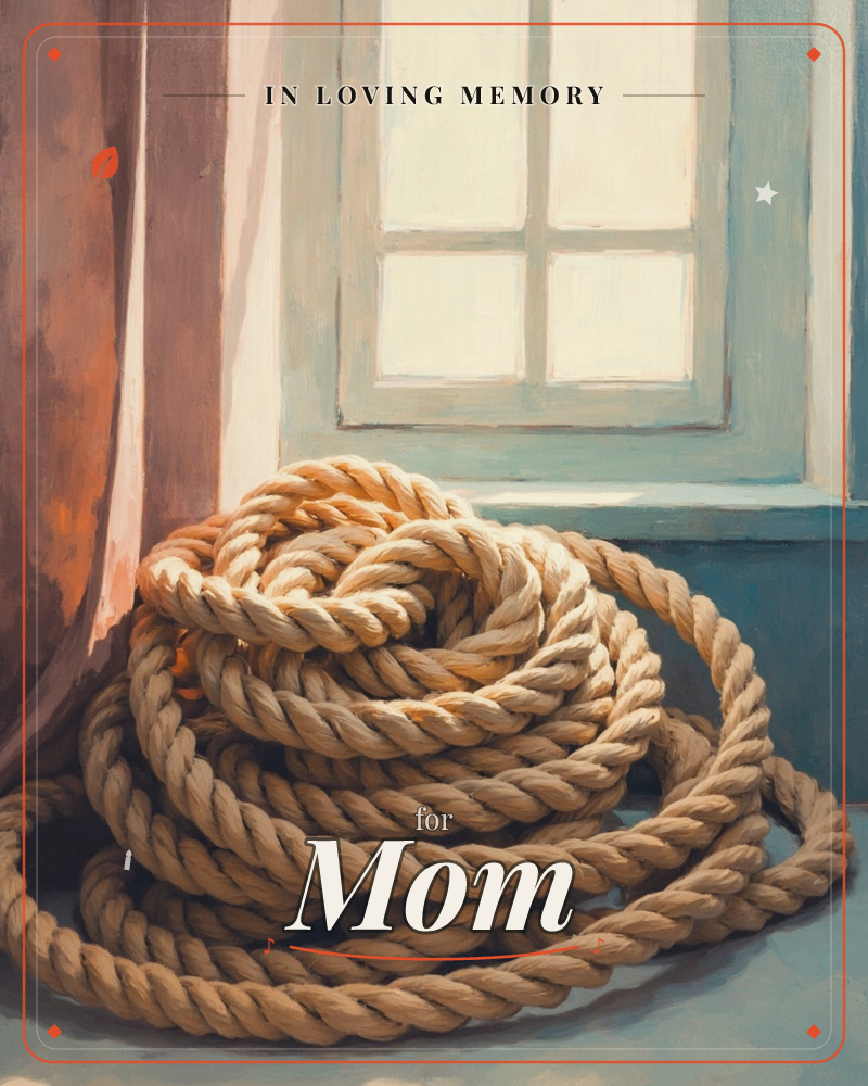 A thick coil of tan rope sits piled on a windowsill, lit by soft daylight through a paned window with a rust-colored curtain drawn to one side, a memory e-card design