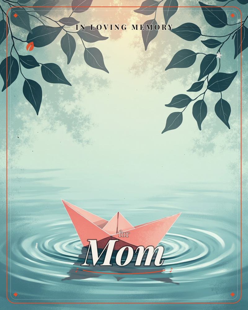 A small coral-pink paper boat floats alone on still water, ripples spreading out in soft concentric rings beneath it, a memory e-card design