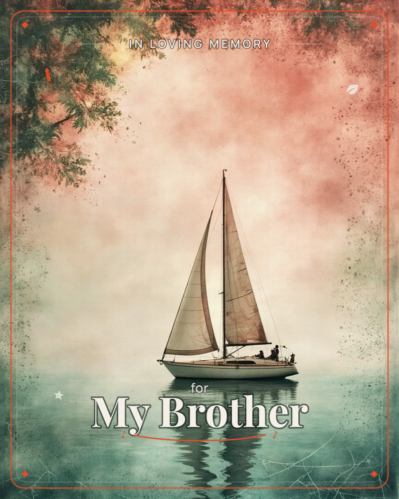 A single sailboat drifts on still, glassy water beneath a sky washed in dusty coral and cream, its sails catching a quiet light, a memory e-card design