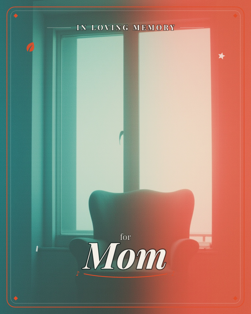 A wingback armchair sits in silhouette before a tall window, its curved back glowing at the edges where teal shadow meets a warm coral wash of light, a memory e-card design