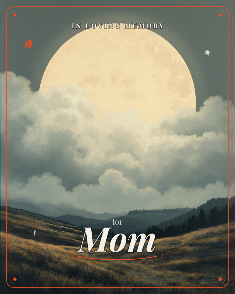 An oversized cream-coloured moon looms low over a bank of billowing clouds, its glow softening into a dusky green-black sky, a memory e-card design