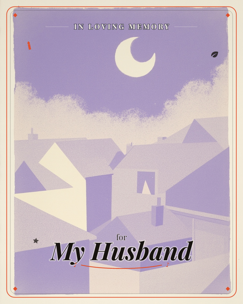 A row of angular rooftops and chimneys is stacked across the lower half of the card, rendered in flat overlapping triangles of lavender and cream, a memory e-card design