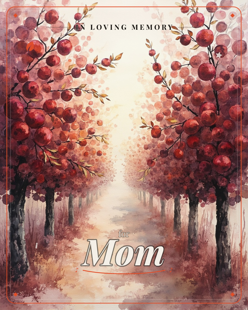 A misty avenue of trees heavy with round crimson fruit stretches into a glowing, pale horizon, a memory e-card design